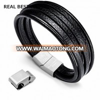 REAL BESTXY custom logo Brown Braided Bangle Leather Bracelets for Men Stainless Steel Magnetic Clasp Bangles Male Boy Best